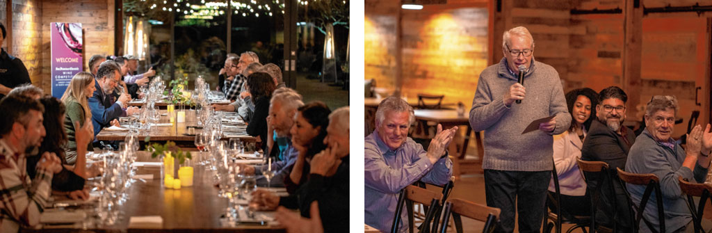 Left: Judges enjoy a multi-course dinner at Bricoleur Vineyards in Windsor. Right: San Francisco Chronicle Wine Competition Executive Director Bob Fraser welcomes the crowd and thanks the judges, his staff and volunteers for making the competition a success. 